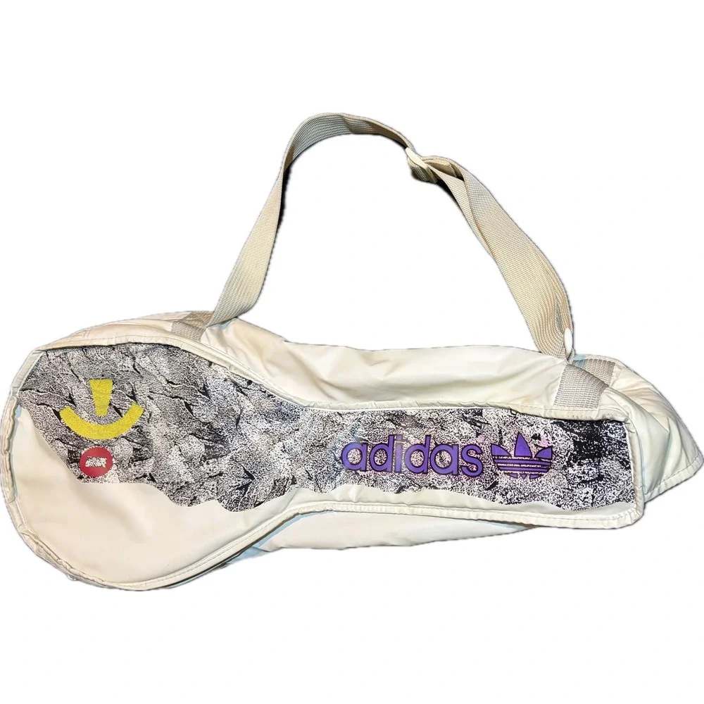 Vintage 1980s Adidas Stefan Edberg Tennis Racket Bag Cover White Graphic Retro